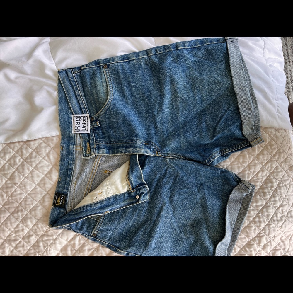 VTG Lee Jeans Approx Sz 34 Rag Union Upcycled Jean Shorts Cut Off